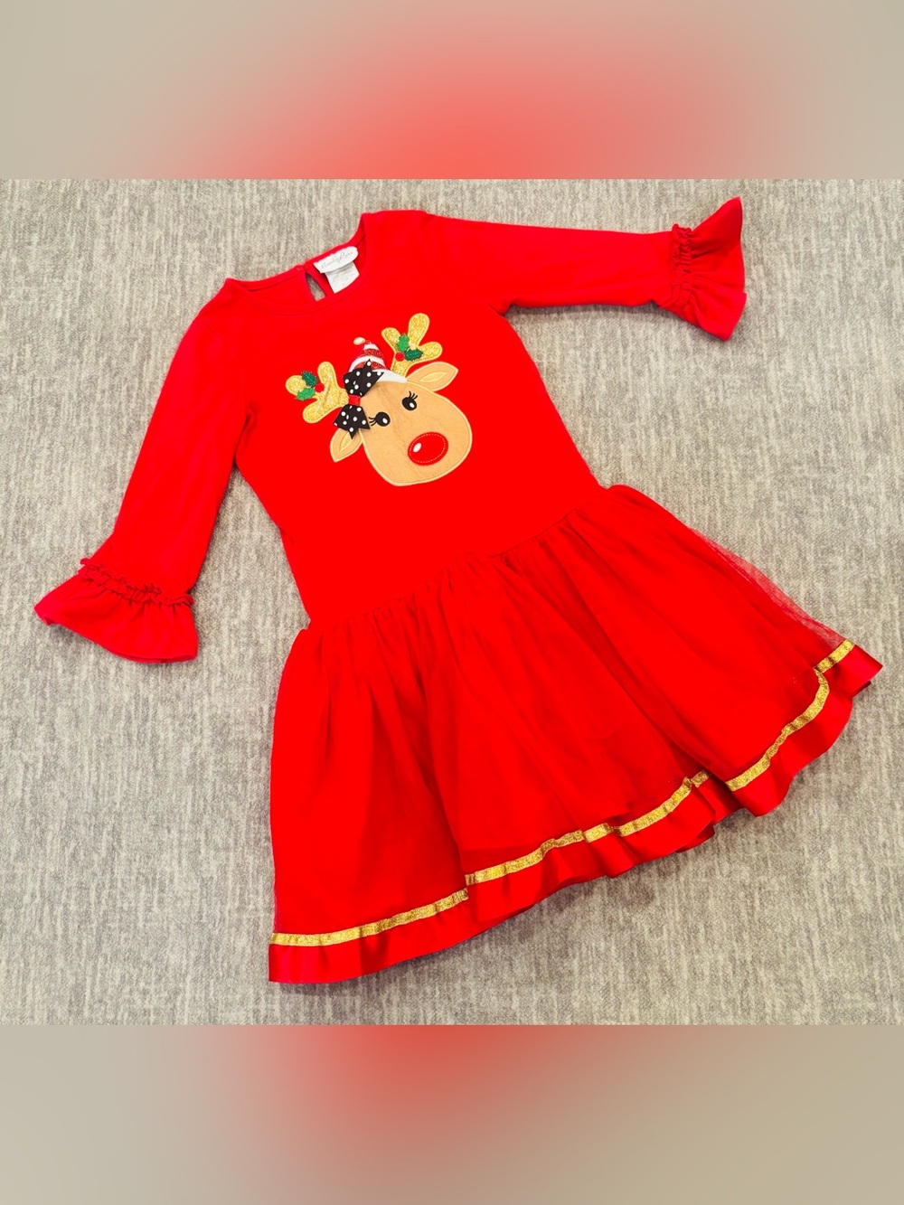 Emily Rose Red Reindeer Tulle Holiday Dress with Gold Trim